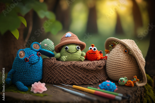 cute frog knitting art illustration suitable for children's books, children's animal photos created using artificial intelligence