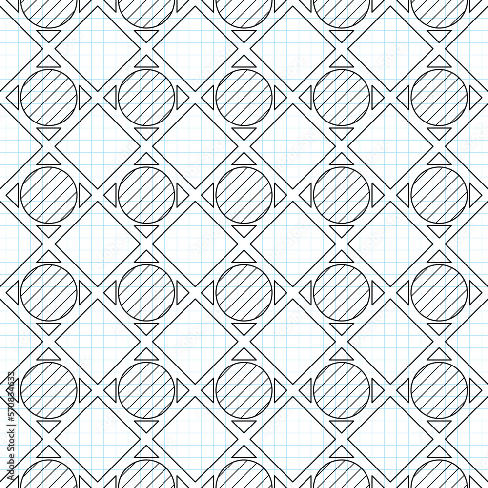 Fototapeta premium Seamless Geometric Pattern, Drawn on Checkered Notebook. Endless Modern Mosaic Texture. Fabric Textile, Wrapping Paper, Wallpaper. Vector Contour Illustration. Coloring Book Page