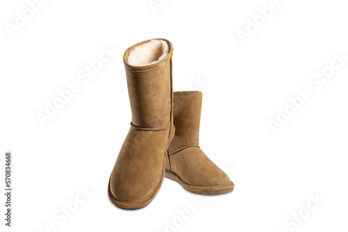 Pair of winter ugg boot isolated on white background. photo