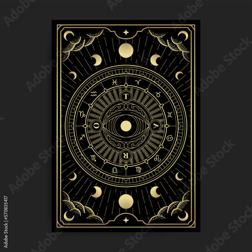 Wheel of fortune eye tarot card golden illustration