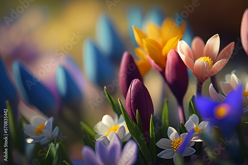 close up of a typical spring flower bed  blurred background made with Generative AI 