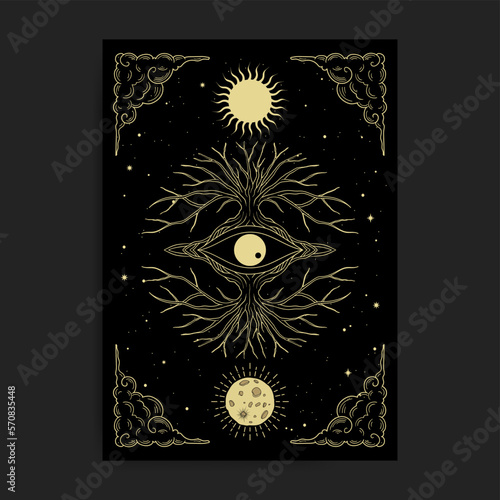 Tree of life and all seeing eye with the symbol of the two realism the sun and moon