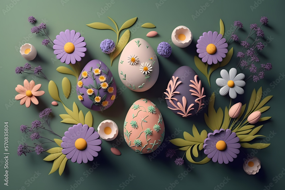 3d render of eggs and flowers for easter day greeting card background made with Generative AI