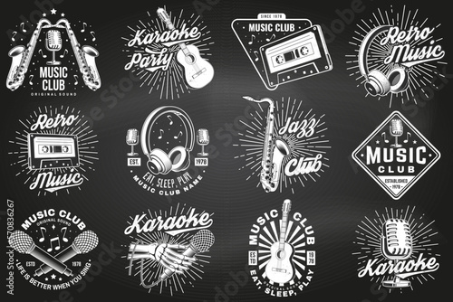 Retro music poster, banner on chalkboard. Retro microphone, saxophone , audio cassette, classical acoustic guitar with sunburst vintage typography design for t shirt, emblem, logo, badge design