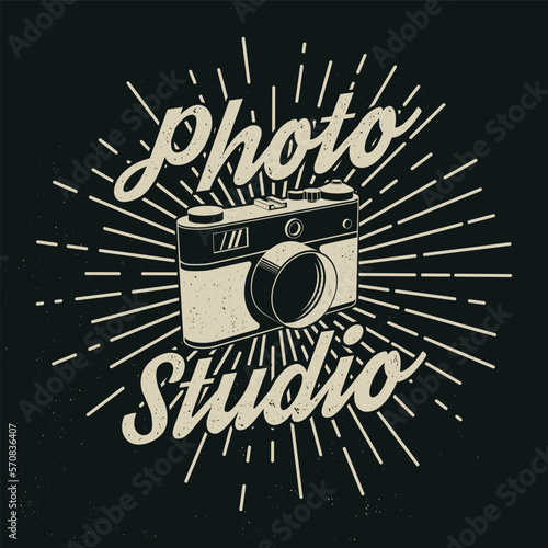 Photo studio badge, logo design with vintage photo camera. Vector illustration. Vintage typography design for photographer with antique camera