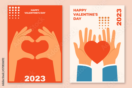 Poster, banner for Valentine's day postcard, card, congratulations and poster. Hands with heart. Two hands making heart sign. Love, romantic relationship concept. Vector illustration. Flat style