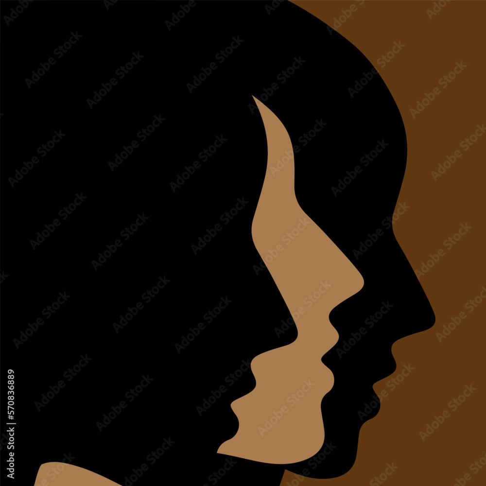 Beautiful woman with curly black hair, optical illusion curly hair that actually other face silhouette. Negative space concept Beautiful woman with curly black hair, optical illusion curly hair that actually other face silhouette. Negative space concept