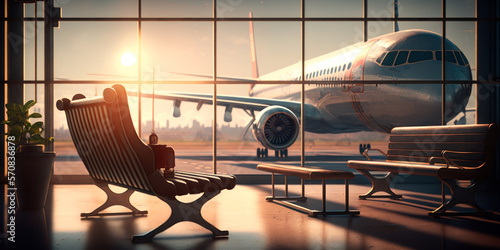 Empty airport terminal lounge with airplane on background at sunset, generative ai © ArgitopIA