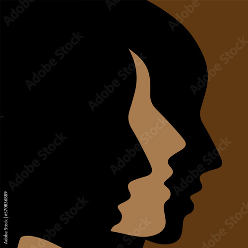 Beautiful woman with curly black hair, optical illusion curly hair that actually other face silhouette. Negative space concept 