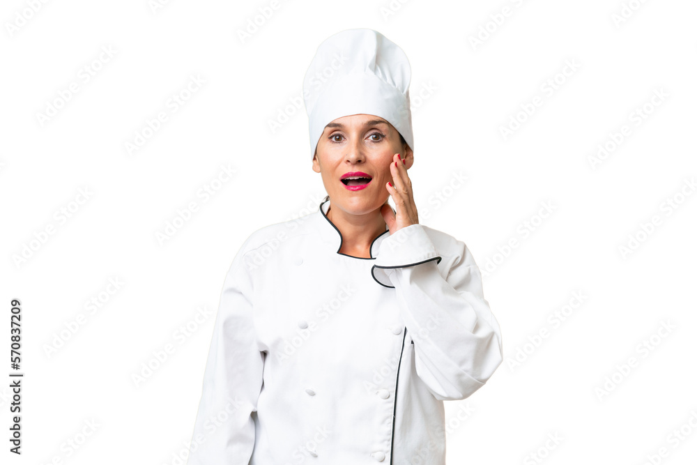 Middle-aged chef woman over isolated background with surprise and shocked facial expression Middle-aged chef woman over isolated background with surprise and shocked facial expression