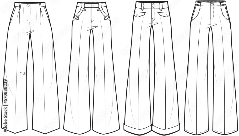 Retro Pant, Boot Cut Pant, Flared Trouser, Pant Set Fashion Illustration, Vector, CAD, Technical