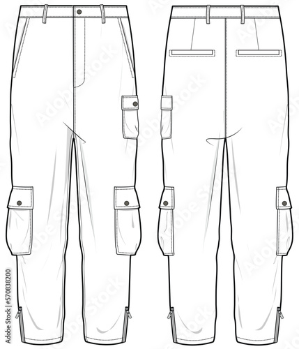 Zipper Hem Cargo Pant, Pocket Trouser  Front and Back View. Fashion Illustration, Vector, CAD, Technical Drawing, Flat Drawing, Template, Mockup.	