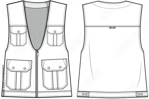 Gilet with Pockets, Utility Vest  Front and Back View. Men's, women, Unisex Fashion Illustration, Vector, CAD, Technical Drawing, Flat Drawing, Template, Mockup.