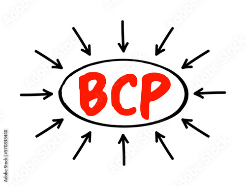 BCP Business Continuity Planning - process involved in creating a system of prevention and recovery from potential threats to a company, acronym text concept with arrows