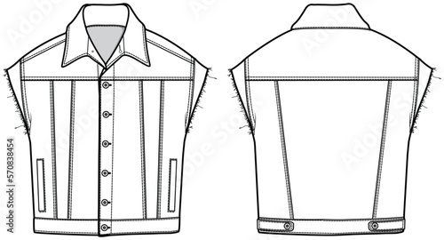 Sleeveless Racer Jacket, Denim Sleeveless jacket Front and Back View. Men's, women, Unisex Fashion Illustration, Vector, CAD, Technical Drawing, Flat Drawing, Template, Mockup.	