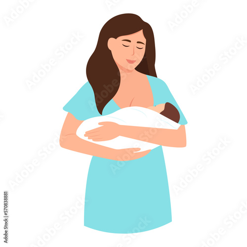 Beautiful Woman feeding a baby with breast Breastfeeding mother.Woman Lactation concept. World Breastfeeding Week. Flat vector illustration isolated on white background