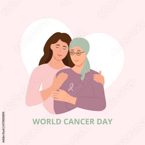 World cancer day. Mother and daughter. Portrait of young woman hugging her grandma. Friendly family relationship. Vector flat illustration
