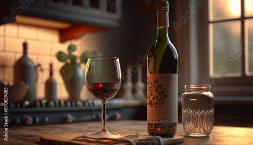 Red wine bottle and wine glass on a kitchen counter with cabinet in the background