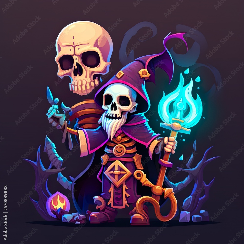 Game Icon for RPG and Strategy with skeleton mage, wizard, fantasy, cute Game Icon for RPG and Strategy with skeleton mage, wizard, fantasy, cute