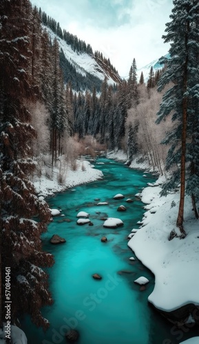 Cold river in the mountains. Winter landscape. Generative ai. 