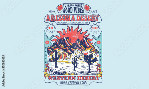Desert vibes graphic print design for apparel, stickers, posters and background. Flower, cactus, Joshua tree artwork. Feel the desert sunset. Arizona vector print design for t shirt and others. 