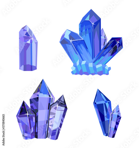 Purple, lilac crystals. Vector illustration on a white background. Rough glowing rocks stalagmites, isolated jewelry precious or semiprecious gemstones. Vector set