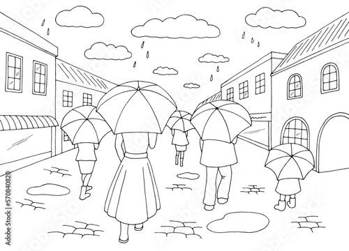Rain in city street road graphic black white landscape sketch illustration vector