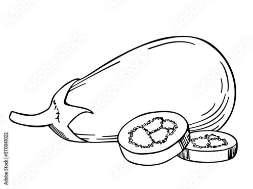 Hand drawn Eggplant and a slice. Black and white eggplant sketch. Vector illustration, isolated on a white background. Farm fresh ecological vegetables artwork.