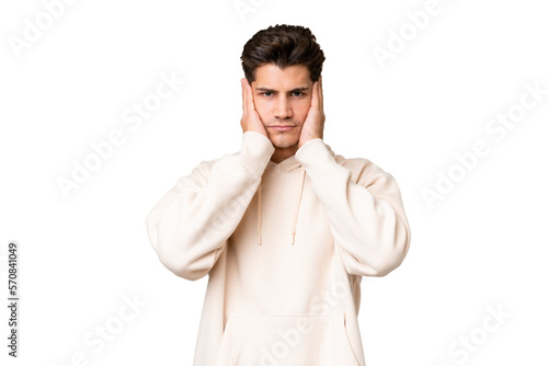 Young caucasian handsome man over isolated background frustrated and covering ears