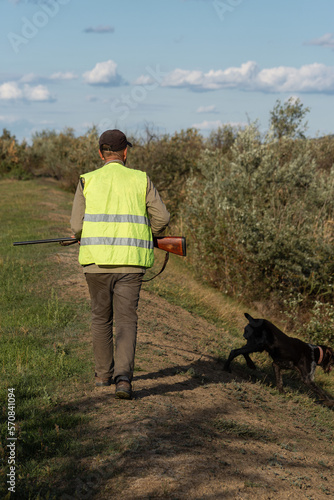 Mature man hunter with gun while walking on field with your dogs © Budjak Studio