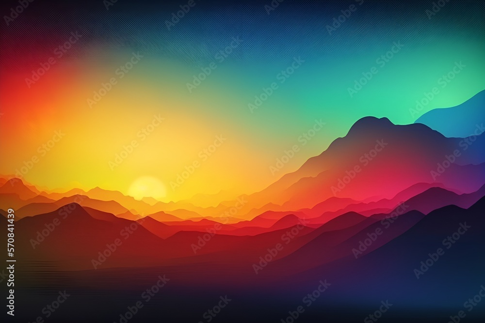 Colorful illustration of sunset over mountains, colorful wallpaper