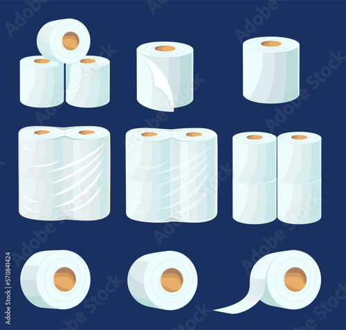 Toilet paper roll. Vector toilet tape and kitchen paper towel. Rolls of paper towels. Hygiene tissue package mockup. Paper napkins tube vector illustration