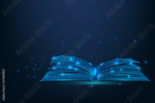 Abstract mesh line and point open book. Low poly education concept. Polygonal vector futuristic illustration