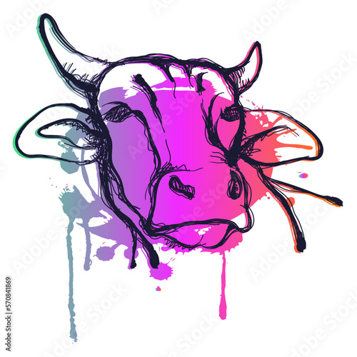 Outline cow grunge graffiti modern style. Trendy vector illustration isolated on background wiht color splat and smuges. 