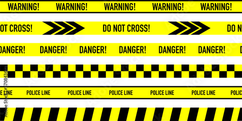 A collection of seamless ribbons with text and stripes. Danger signs, police.