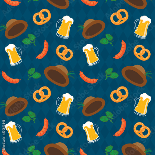 Vector seamless pattern of oktoberfest with pretzels, beer mugs etc