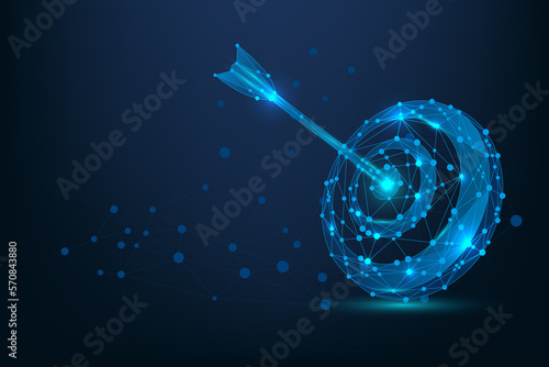 Abstract mesh line and point Bullseye or target. Low poly goal concept with glowing low polygonal target and arrow. Polygonal vector futuristic illustration