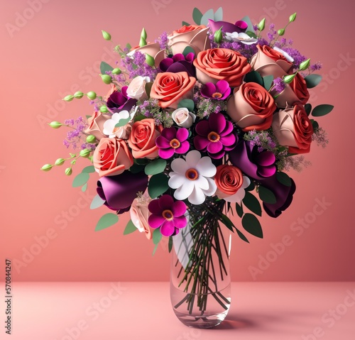 soft red background and glass filled with flowers. Bright red background. good for Romantic valentines composition background.