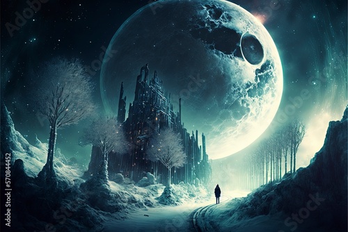 a world unseen and cold, full moon, illustration