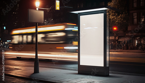 Fototapeta Naklejka Na Ścianę i Meble -  Mockup of blank advertising light box on the bus stop, Generative AI