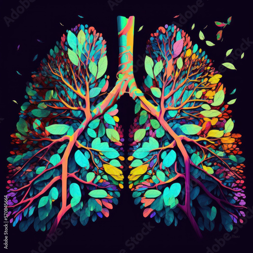 human lungs consisting of tree branches leaves and flowers. Generative AI.