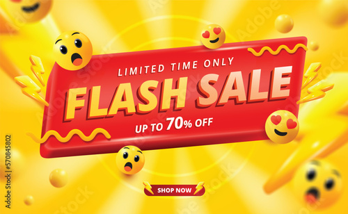 3D Flash sale promo banner template with podium and flying discount label design.