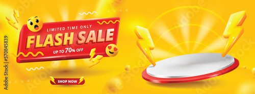 3D Flash sale promo banner template with podium and flying discount label design.