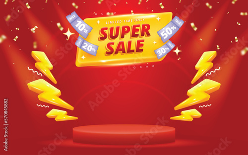 3D Flash sale promo banner template with podium and flying discount label design.