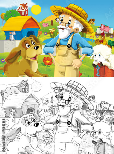 cartoon farm ranch scene with farmer boy different animals and pumpkins illustration for children sketch © honeyflavour