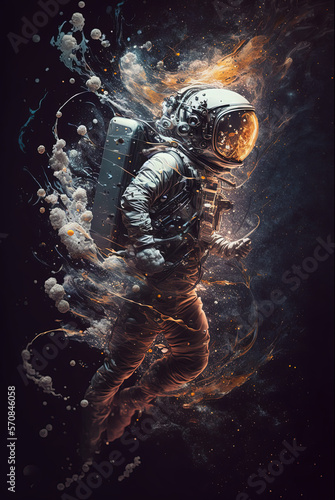 An astronaut in space is made of exploding filigree quantum particles. Generative AI. © ART IS AN EXPLOSION.