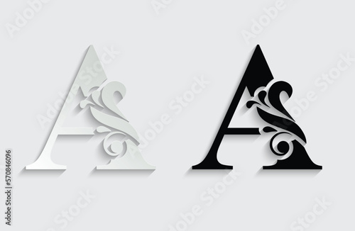 letter A . Black flower alphabet. Beautiful capital letters with shadow
