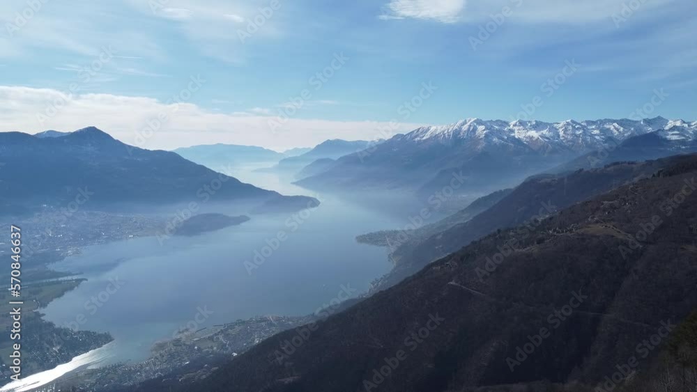 Drone view of Lake Como from Mount Berlinghera with italian flag at the beginning Drone view of Lake Como from Mount Berlinghera with italian flag at the beginning