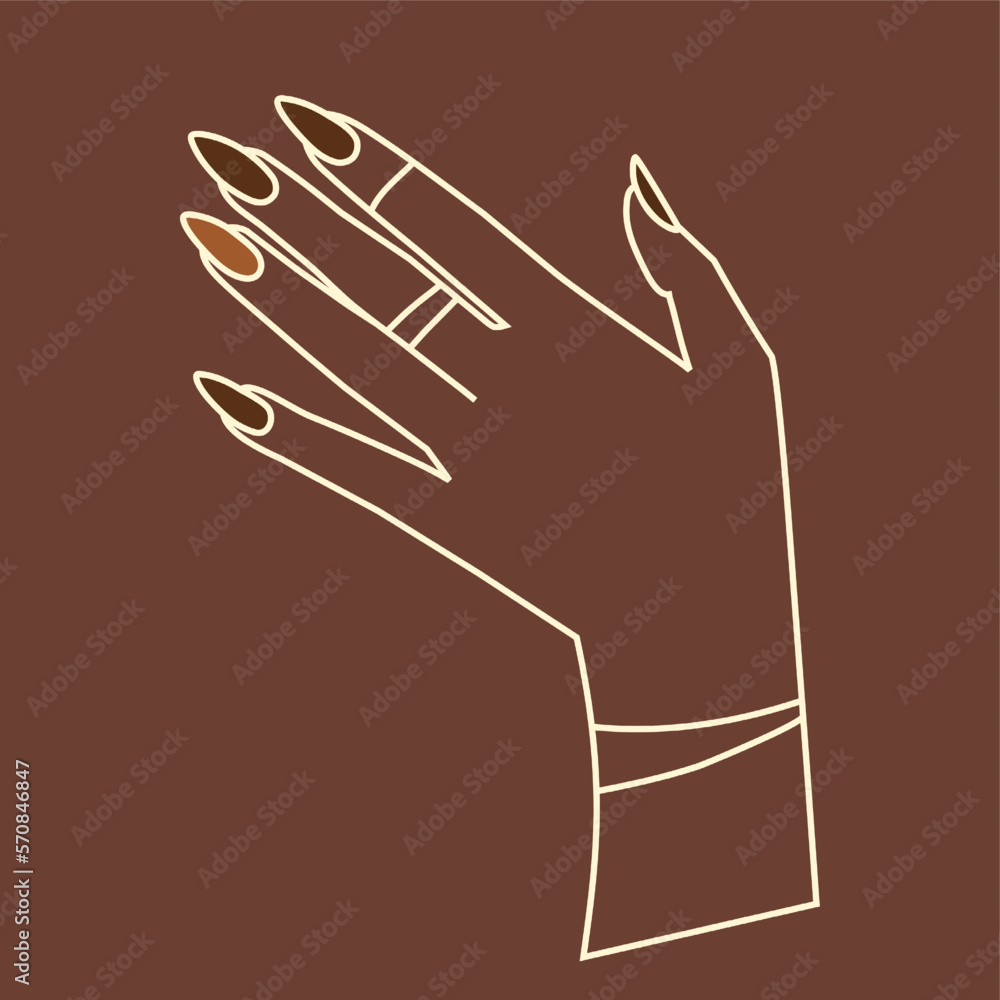 Black female hand gesture. Minimalist vector illustration. Line art. Hand with long nails. African american ethnicity. For poster, textile, clothes design, print. Hand with manicure, rings, bracelet
