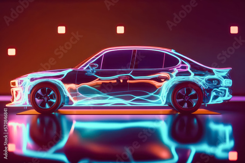 neon car with reflection. Generative AI.